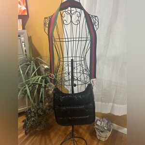 Stylish Black Quilted Shiny Puffer Crossbody Bag with removable Gucci Like Strap